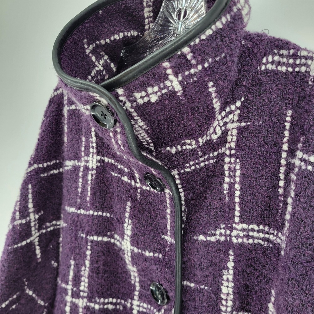 Coldwater Creek Purple Plaid Boucle Coat XL Funnel Neck Button Front Textured - Picture 3 of 7